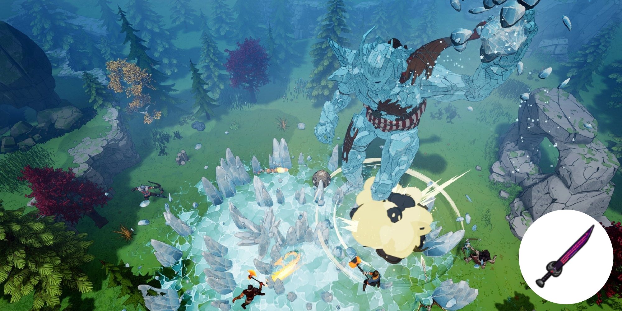 A screenshot of Tribes of Midgard featuring players fighting an ice giant in a lush green valley