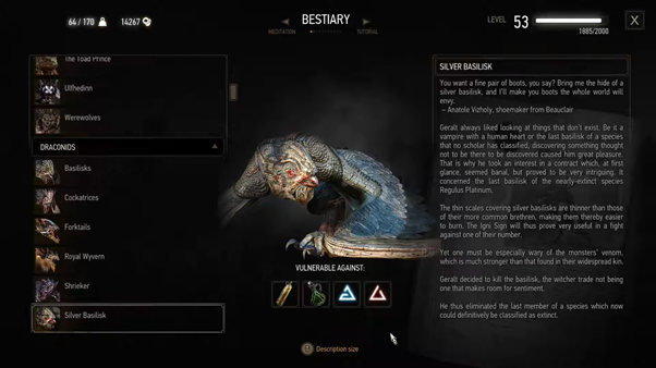 Silver basilisk bestiary entry from The Witcher 3