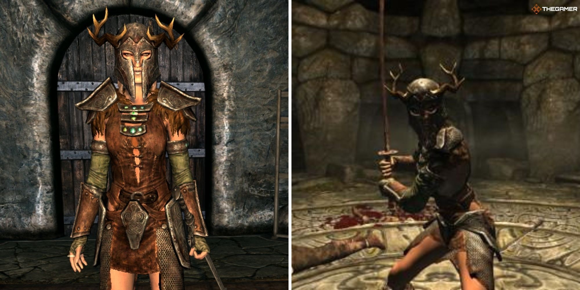 Skyrim - Ahzidals Armor worn by the player, split image