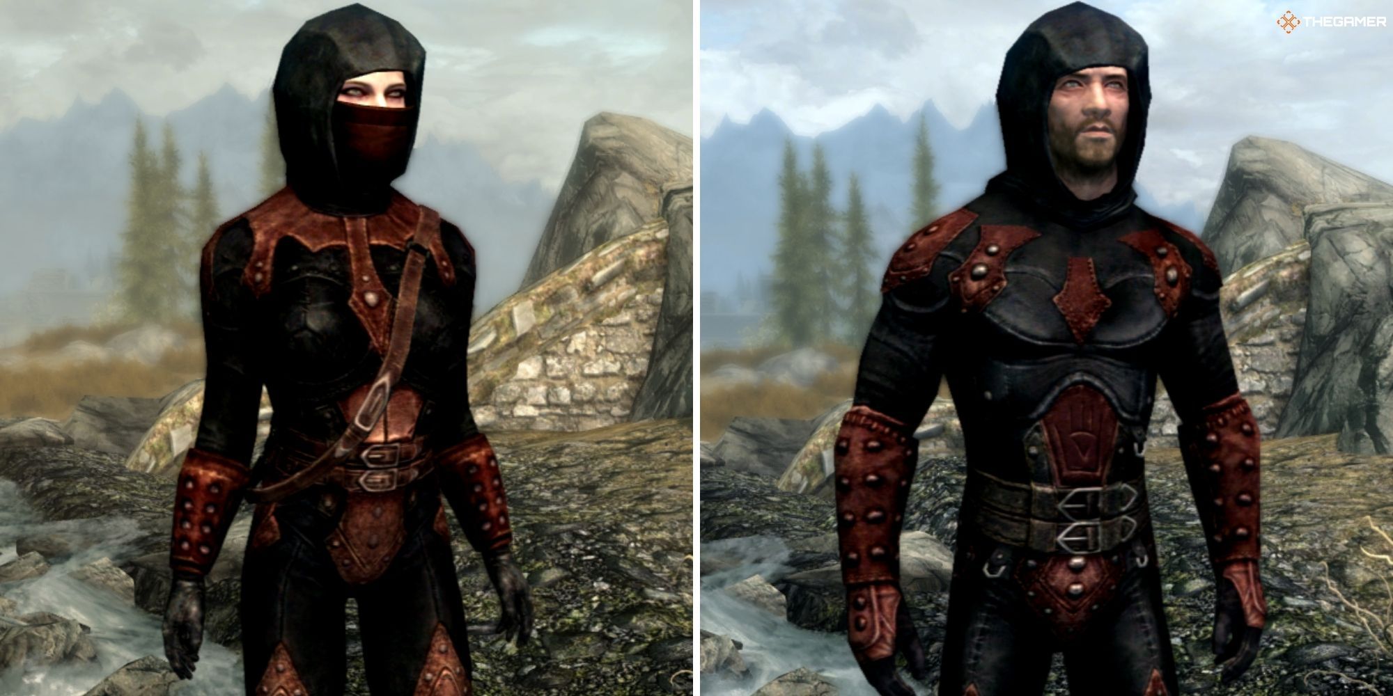 Skyrim - Ancient Shrouded Armor worn by the player, split image
