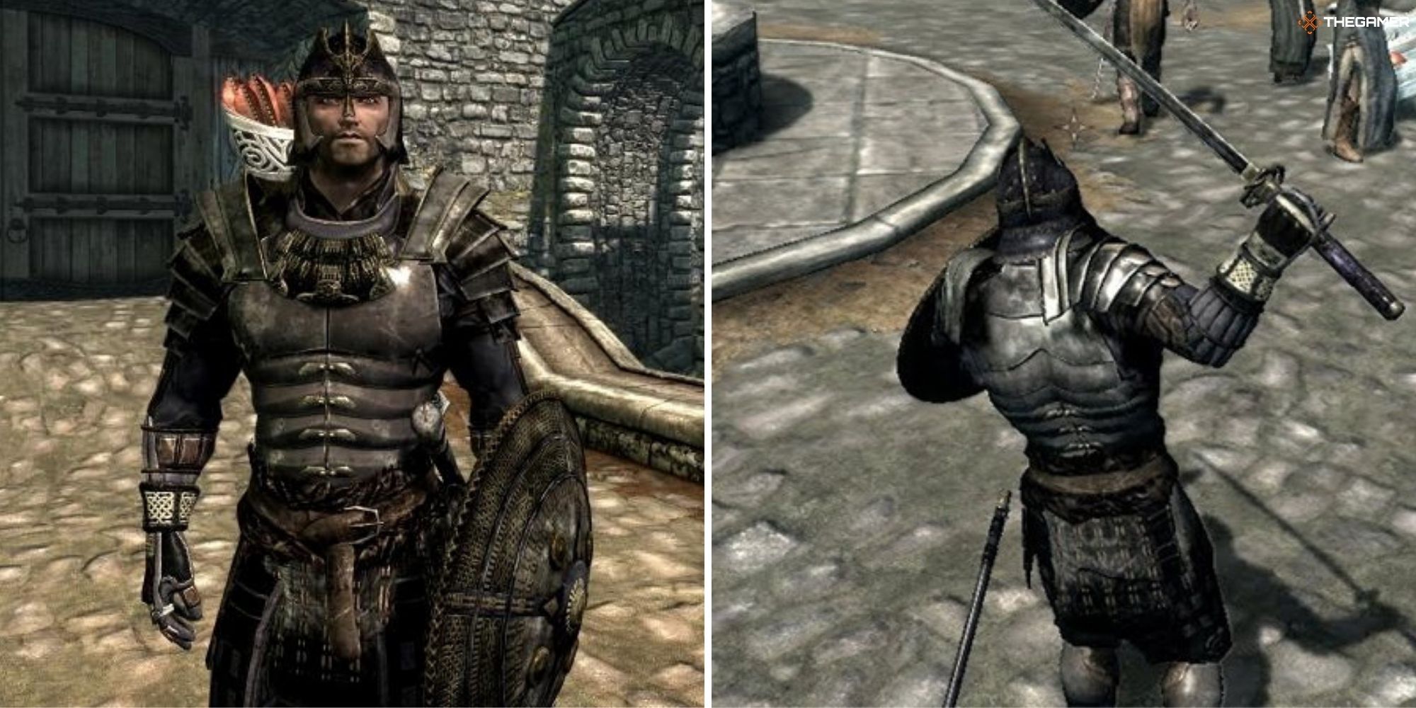 Skyrim - Blades Armor worn by the player, split image