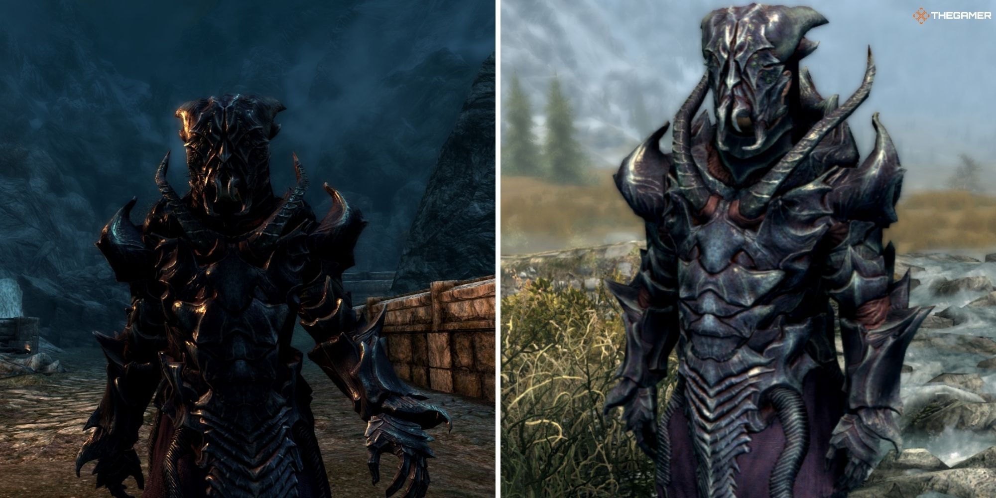 Skyrim - Falmer Heavy Armor worn by the player, split image