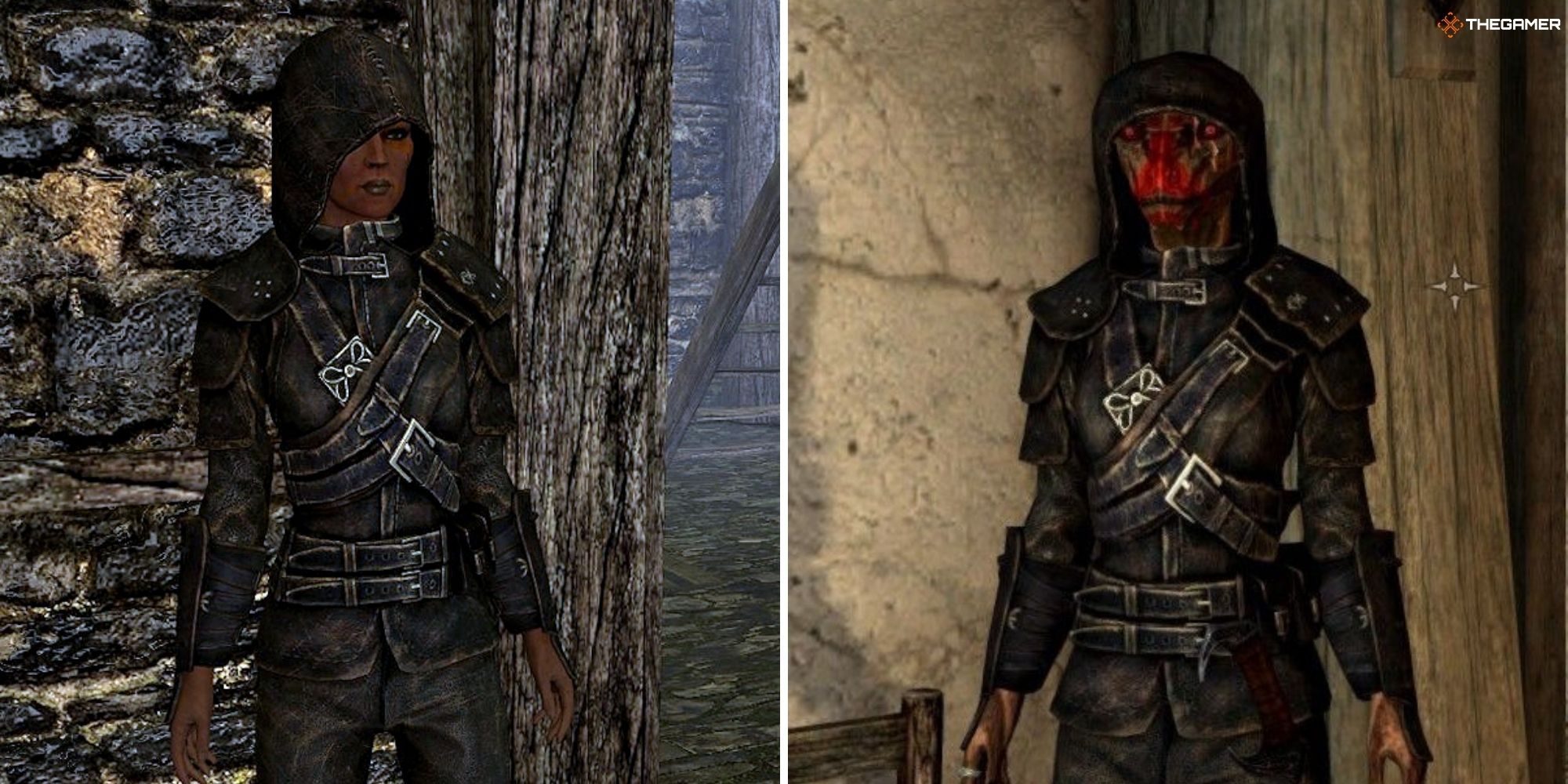 Skyrim - Guild Masters Armor worn by the player, split image