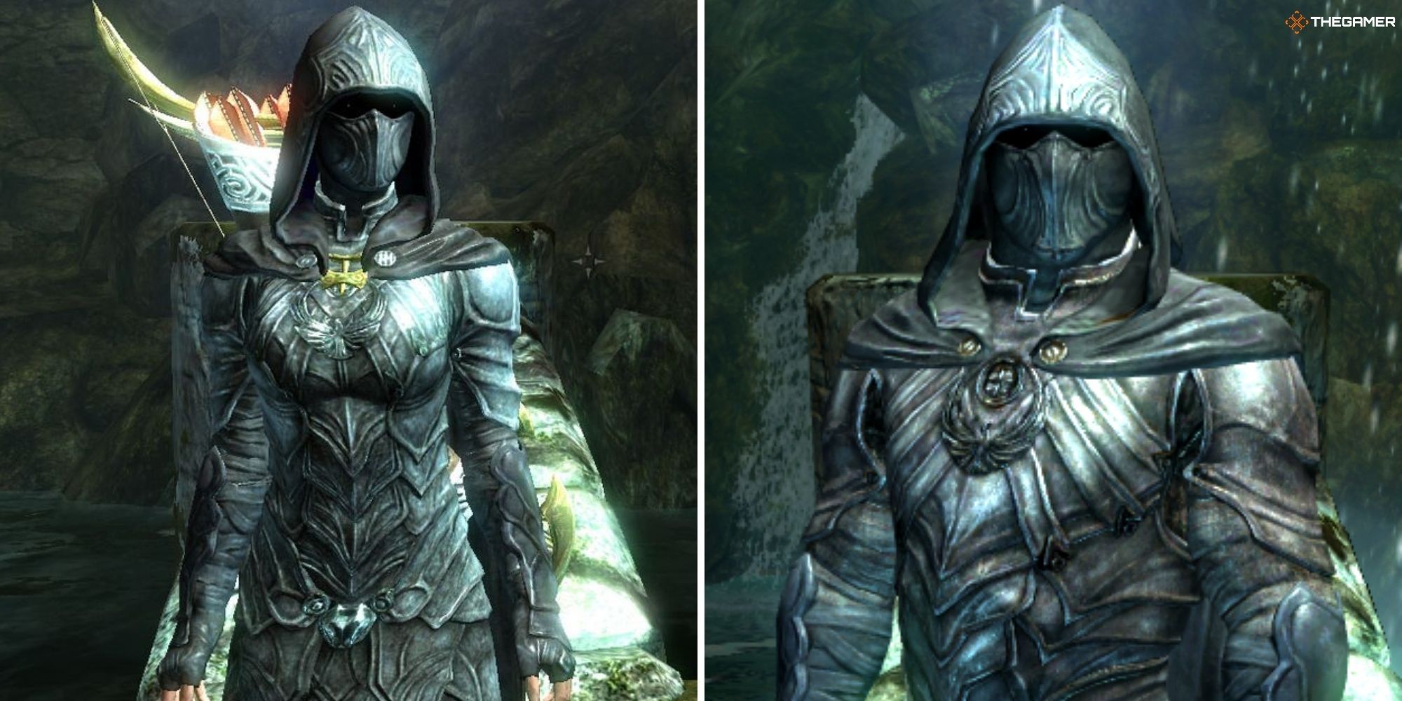 Skyrim - Nightingale Armor worn by the player, split image