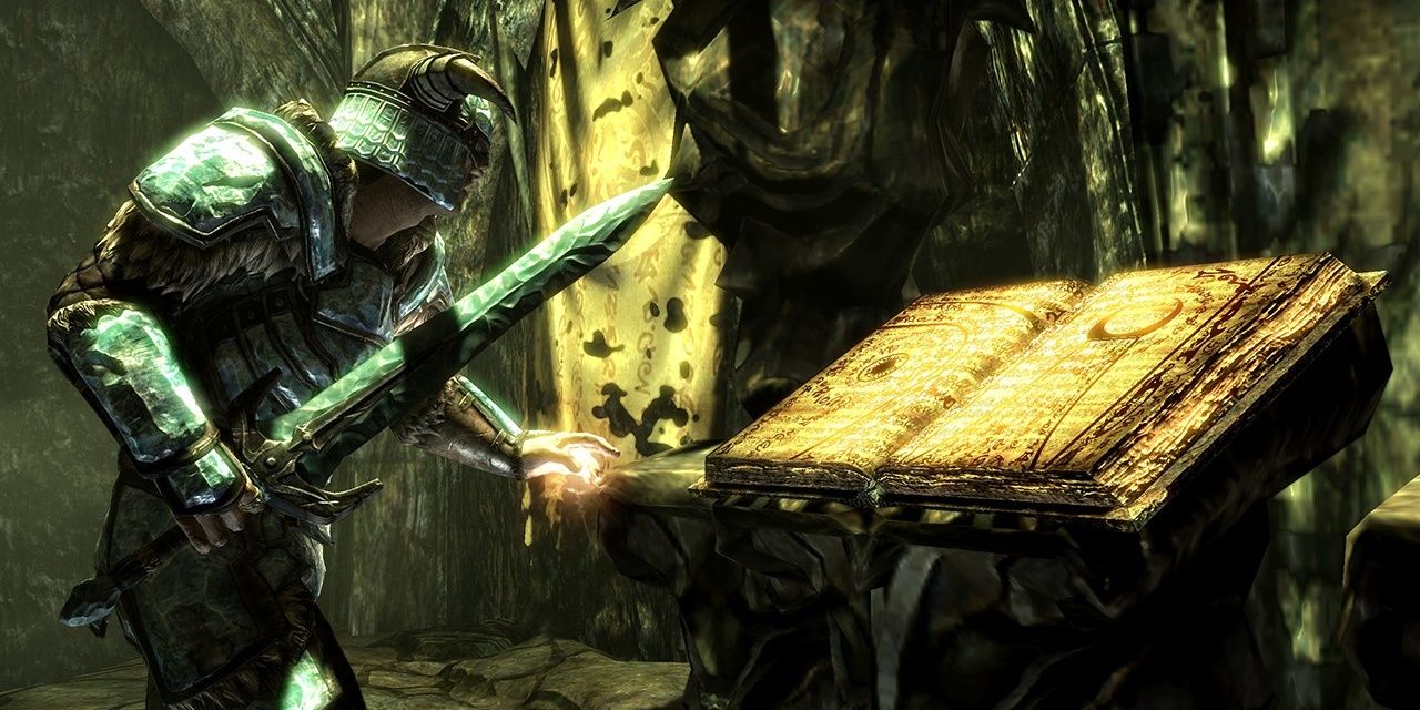 the player approches a large open book while wielding a sword