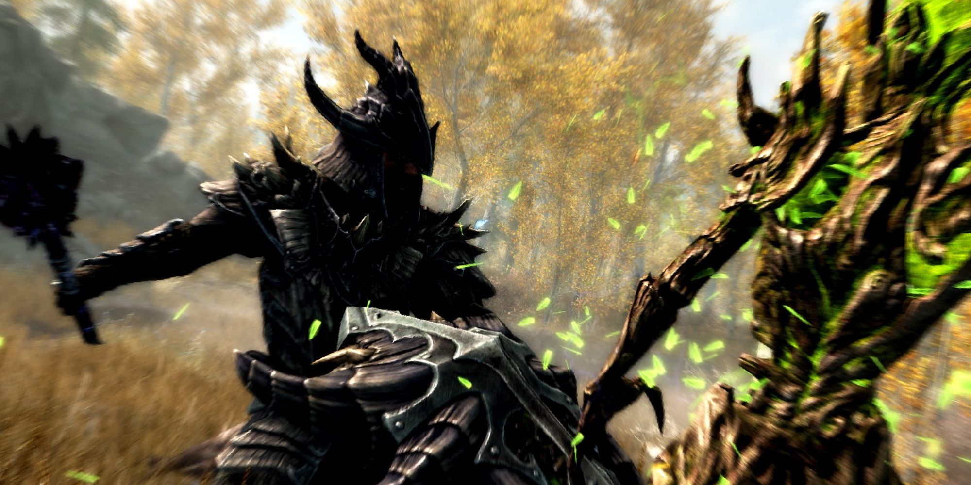 Skyrim Dragonborn In Dragon Armor With Dragon Shield And Ebony Mace Beating Up Spriggan In Riften