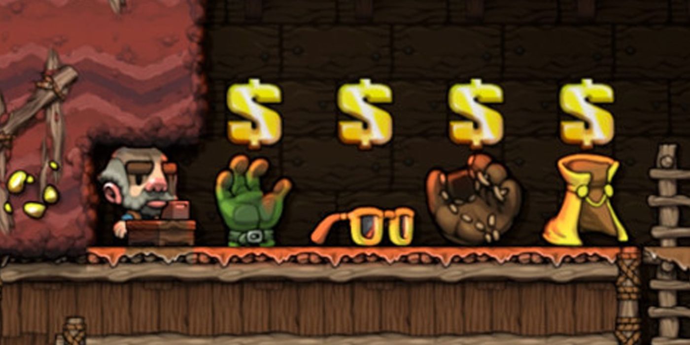 Spelunky 1 shopkeeper and his wares