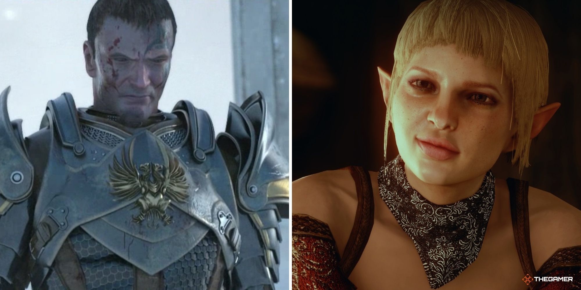 Split image of Dragon Age - Hero of Ferelden from Dragon Age Origins on left, Sera from Dragon Age Inquisition on right