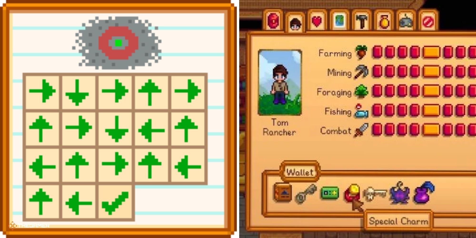 Split image of Stardew Valley - Secret Note #20 on left, Player's wallet with Special Charm on right