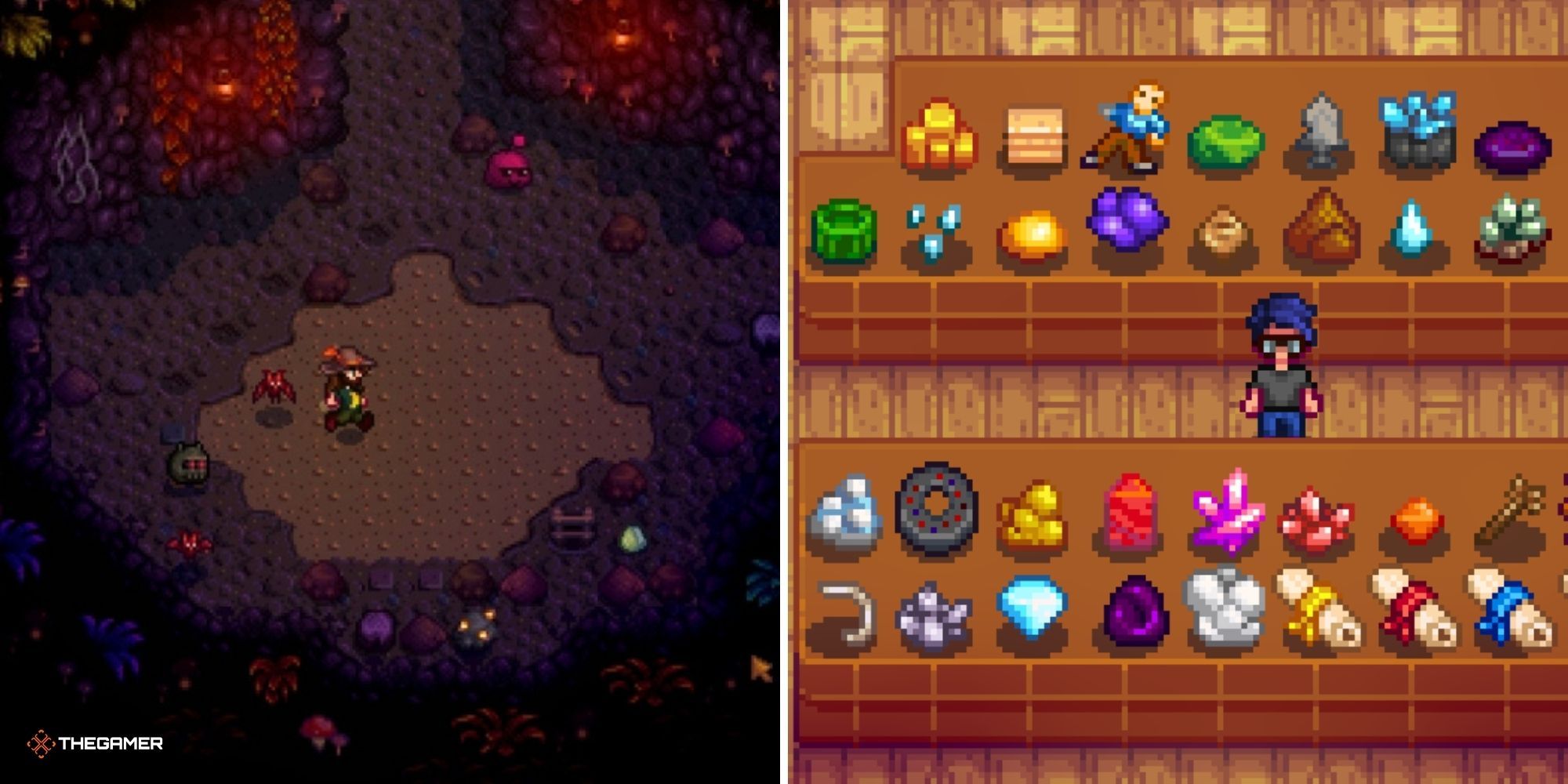 Split image of Stardew Valley - player in the mines on left, player in the museum on right