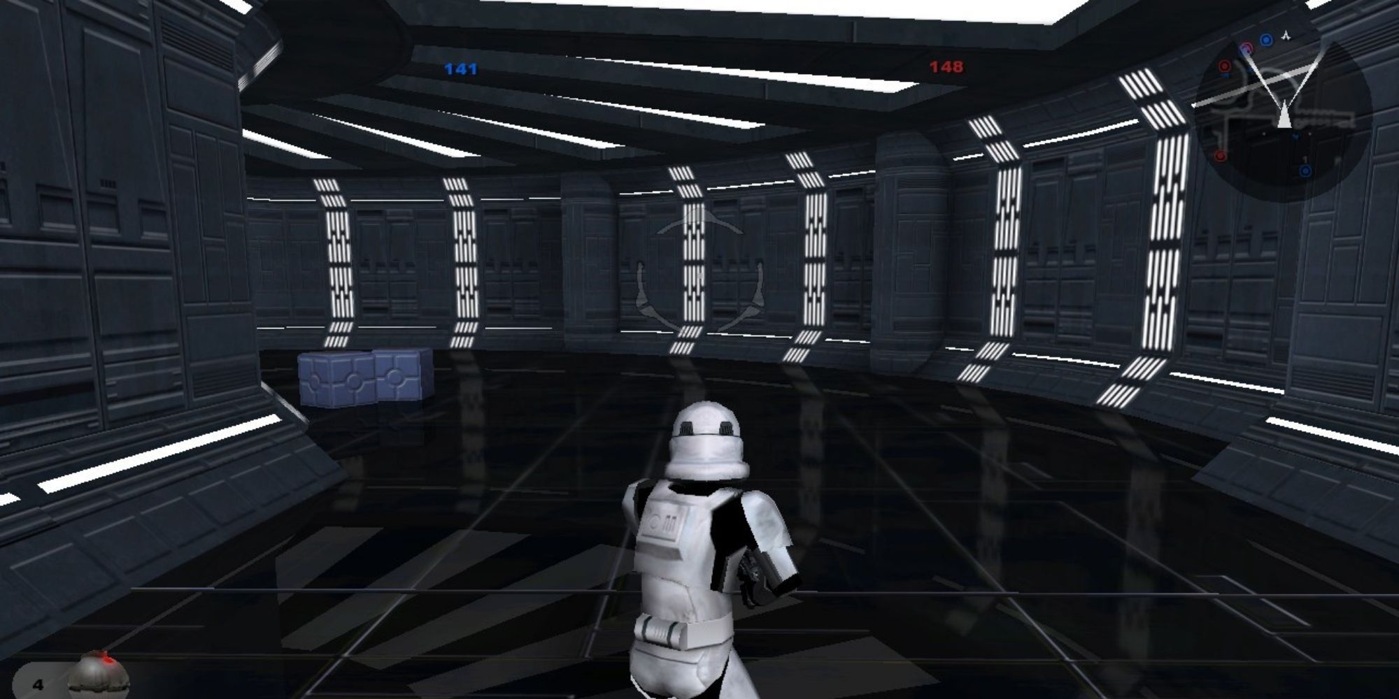 A Storm Trooper searches the hallways of the Death Star in Star Wars Battlefront 2 (2005)