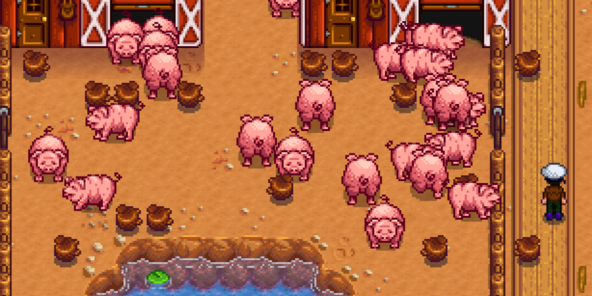 Stardew Valley - Player standing with a bunch of pigs
