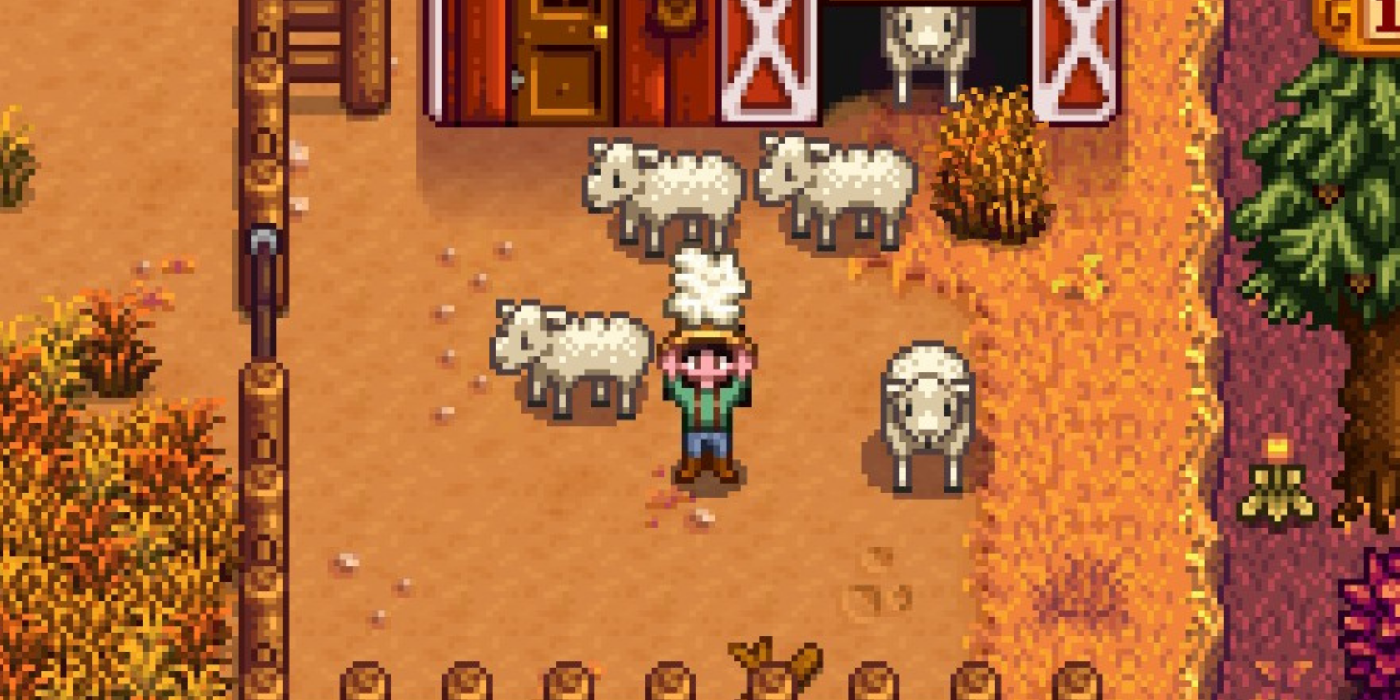 Stardew Valley - Player standing with her sheep