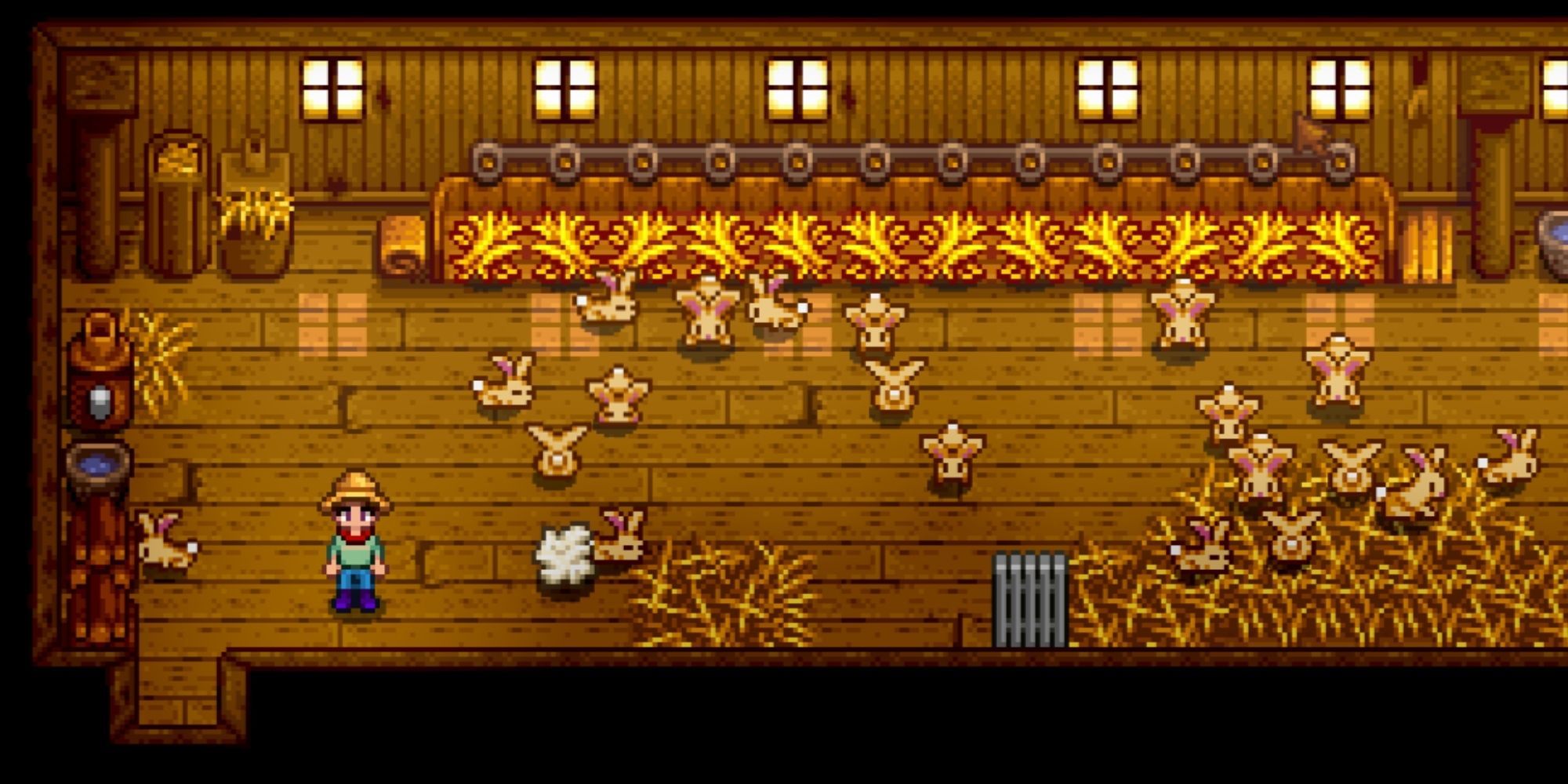 Stardew Valley - Rabbits in a Deluxe Coop with player standing near entrance