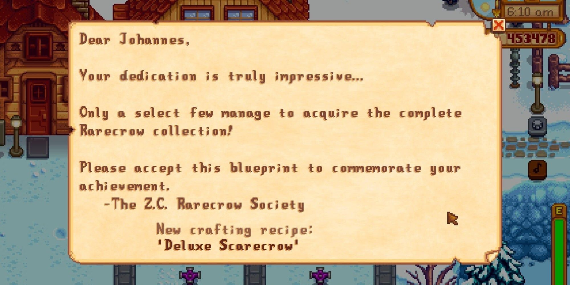 mail recieved after player finishes rarecrow collection, with deluxe scarecrow recipe
