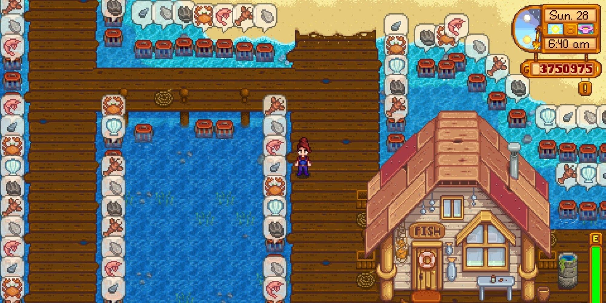 player standing on beach pier with a lot of crab pots placed
