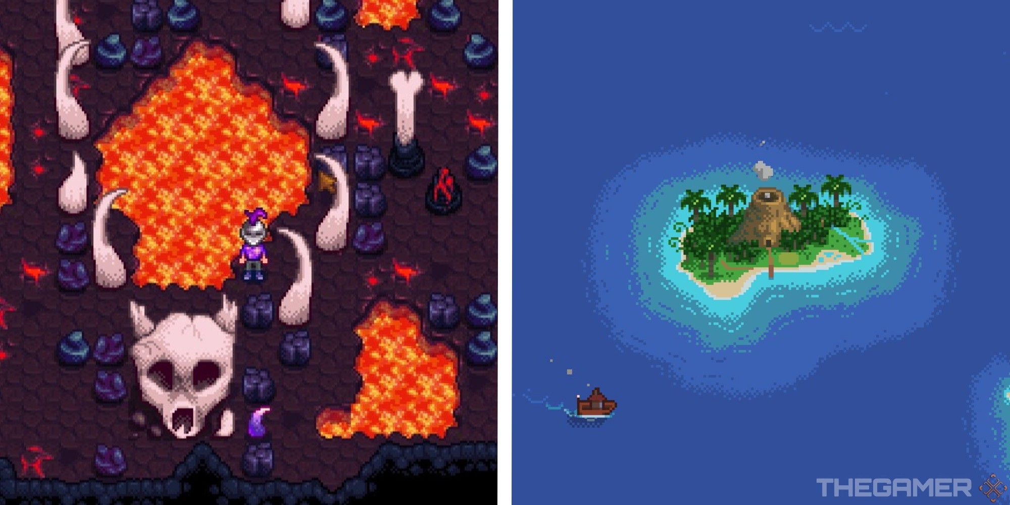 image of player near dragon skeleton next to image of boat sailing to ginger island