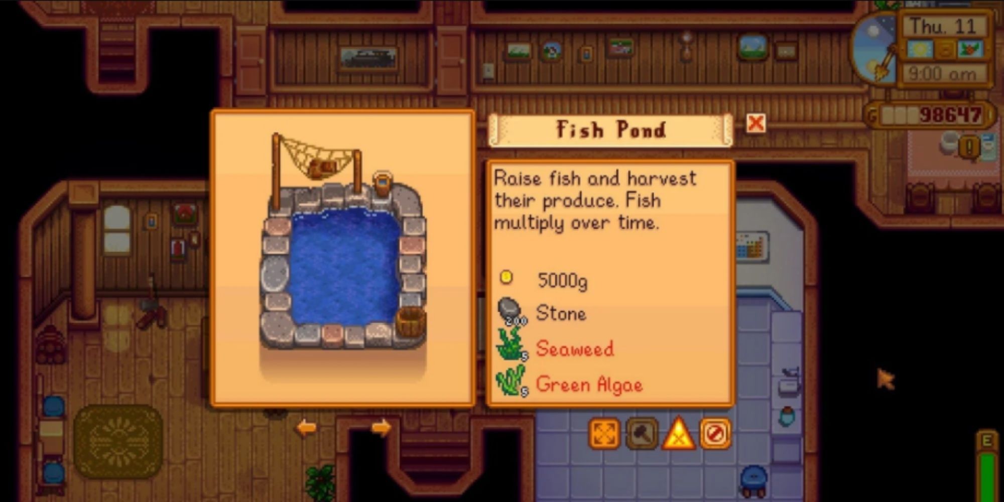 Stardew Valley: An image of the Fish Pond's building requirements in Robin's shop menu