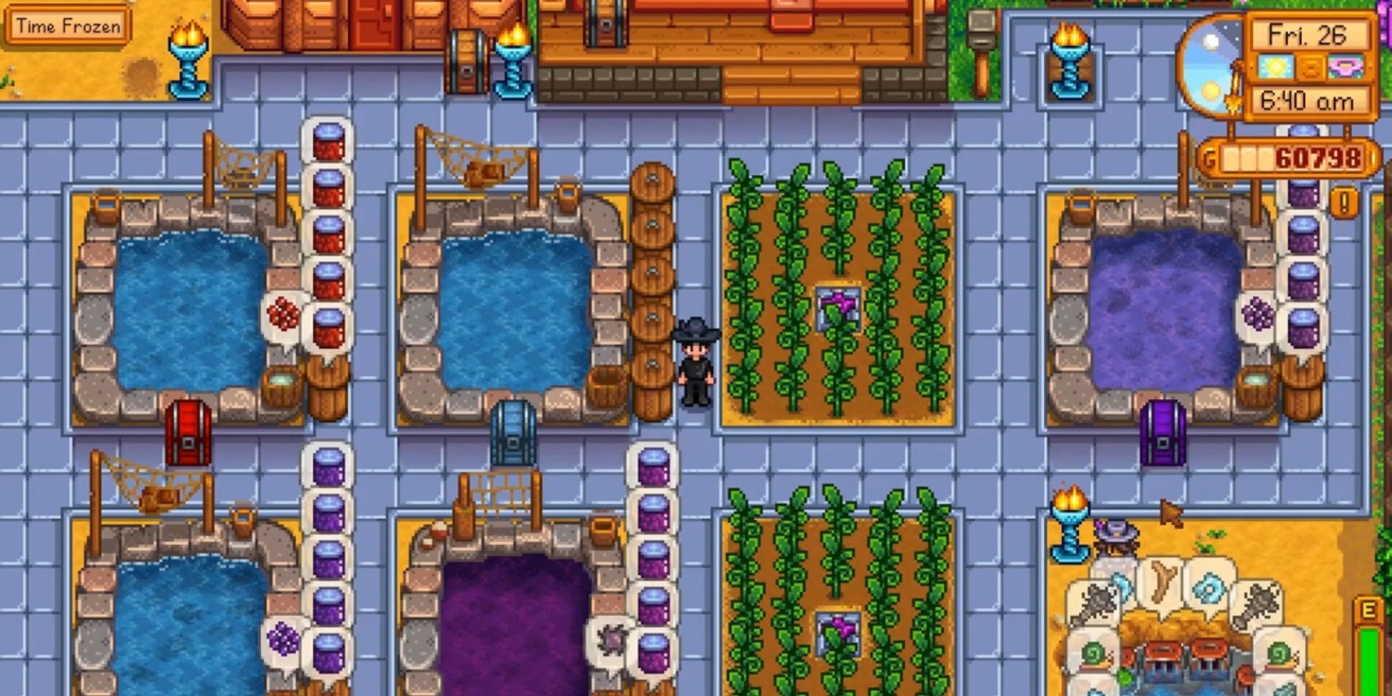 Stardew Valley: The player stands amidst several Fish Ponds, preserve jars, and two plots of Ancient Fruit plants