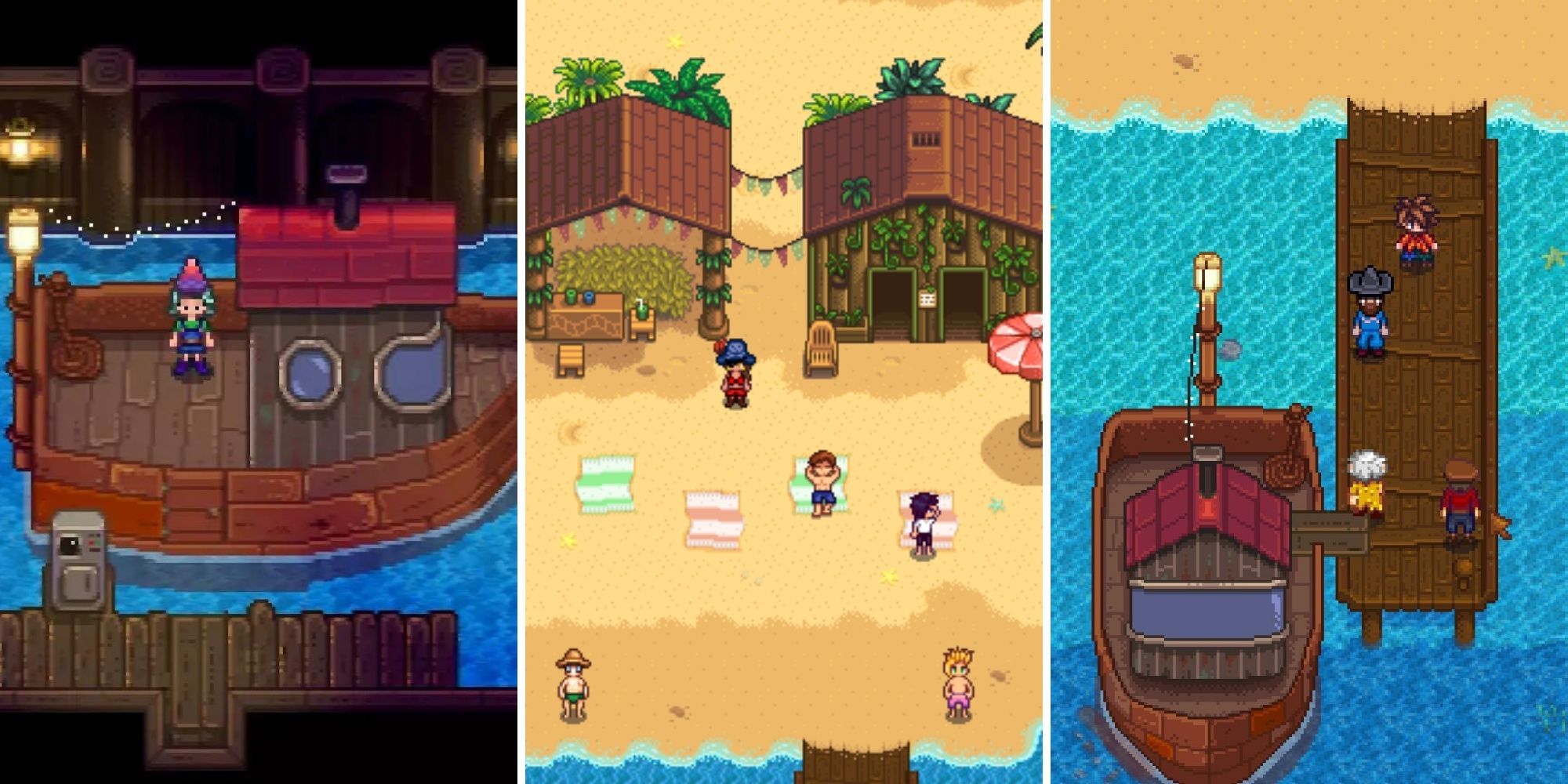 Stardew Valley Ginger Island - Willy's Boat left, Resort in centre, docks on right