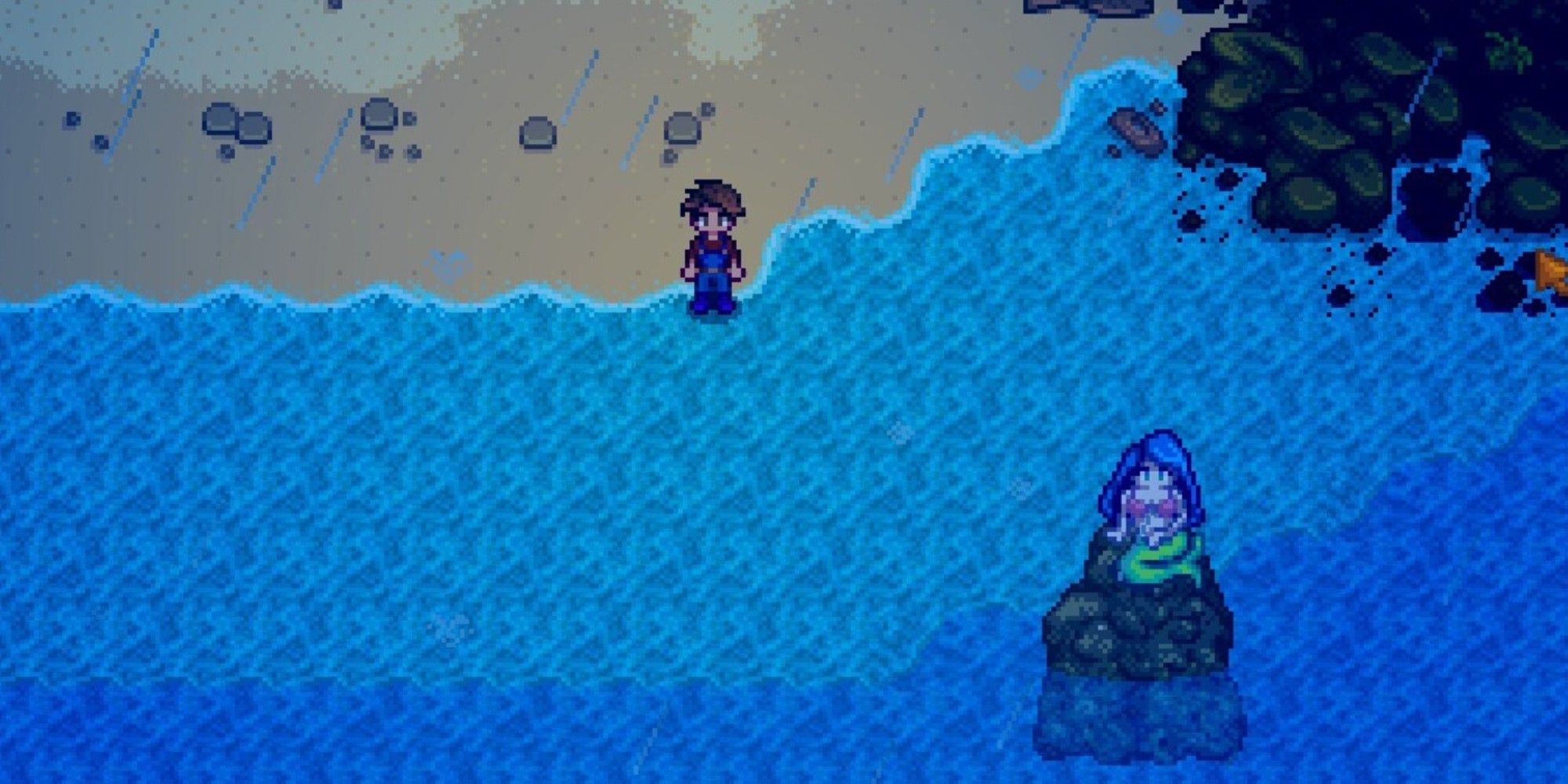 player standing near beach with ginger island mermaid