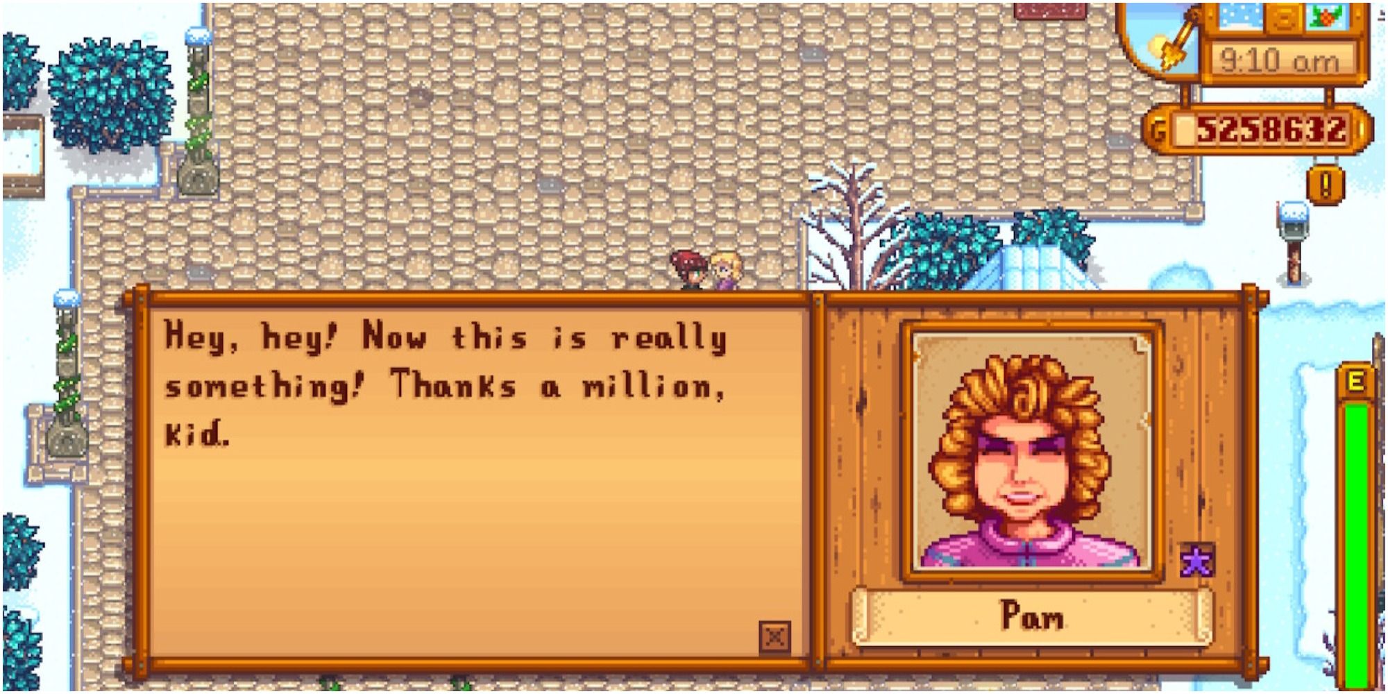 Stardew Valley: The dialogue screen after giving Pam a loved gift.