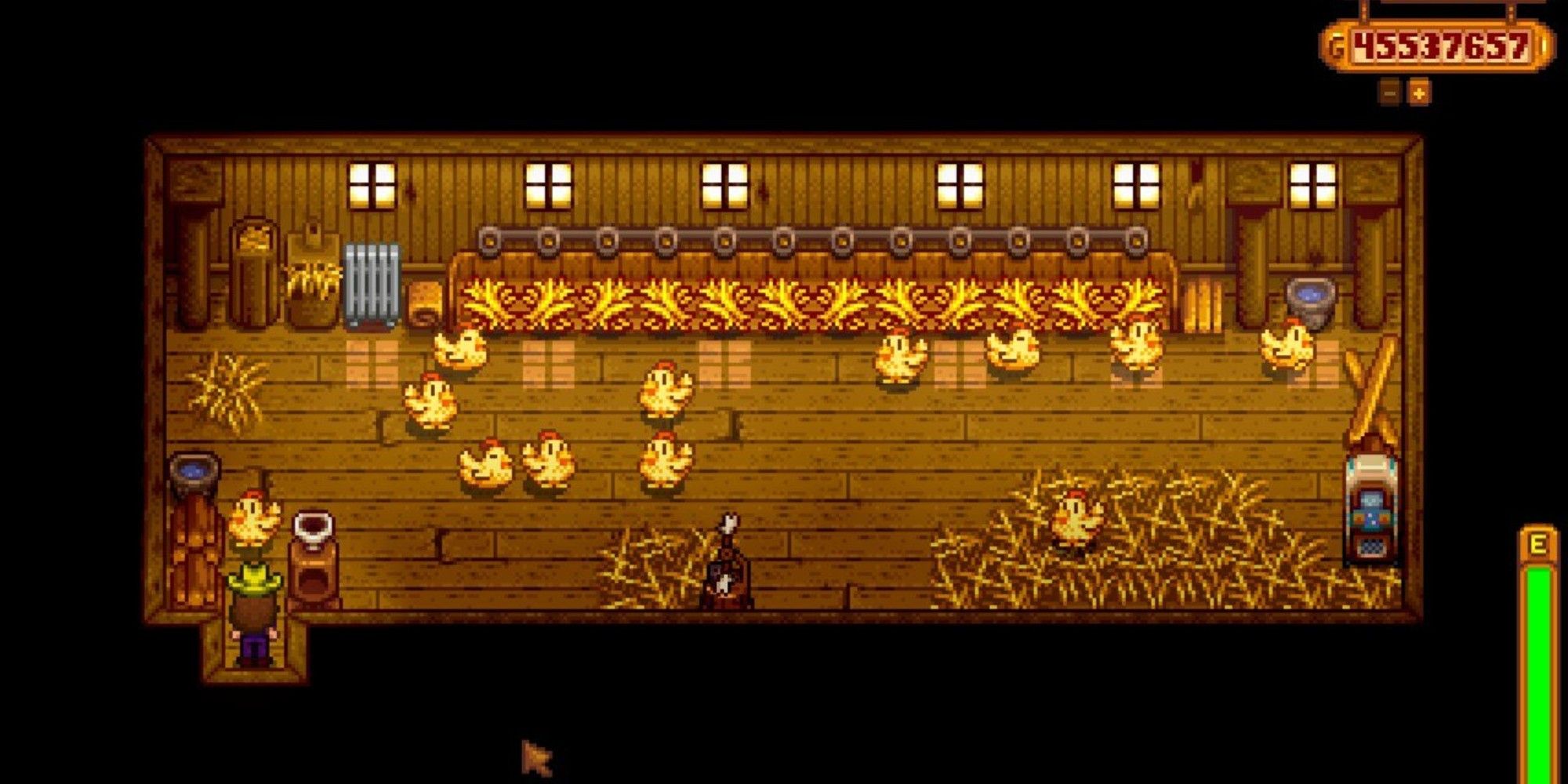 player standing in coop filled with golden chickens