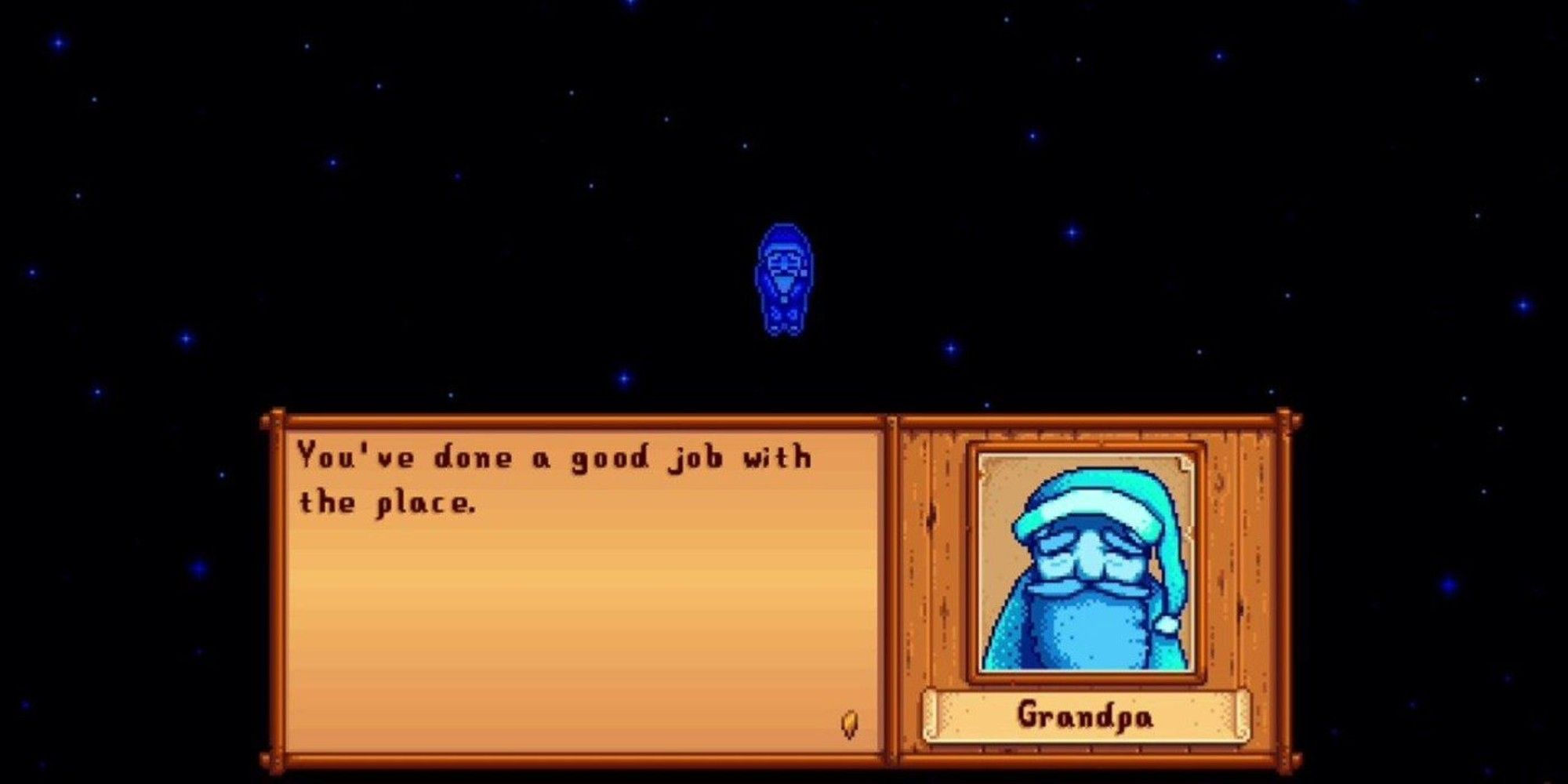 Player talking to Grandpa for evaluation in Stardew Valley