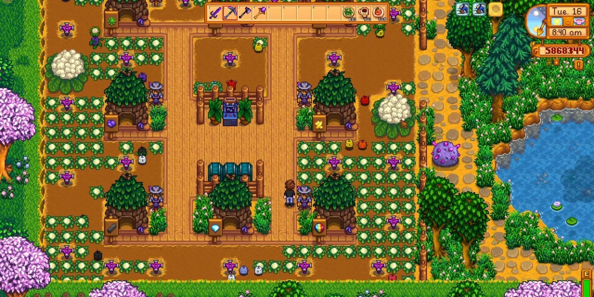 Stardew Valley, Junimo Huts on a farm with cauliflower