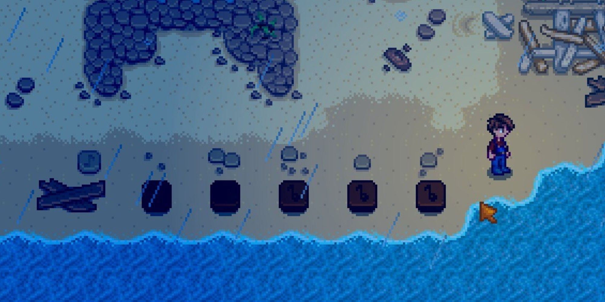 player standing on ginger island beach with flute blocks for mermaid puzzle