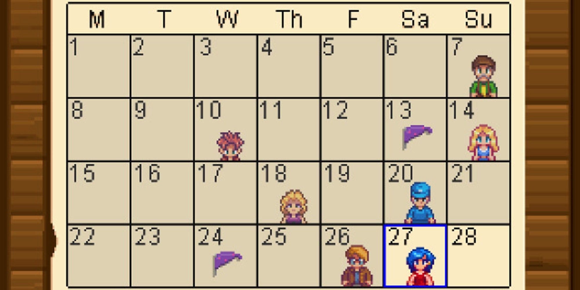 spring calendar displaying villager birthdays