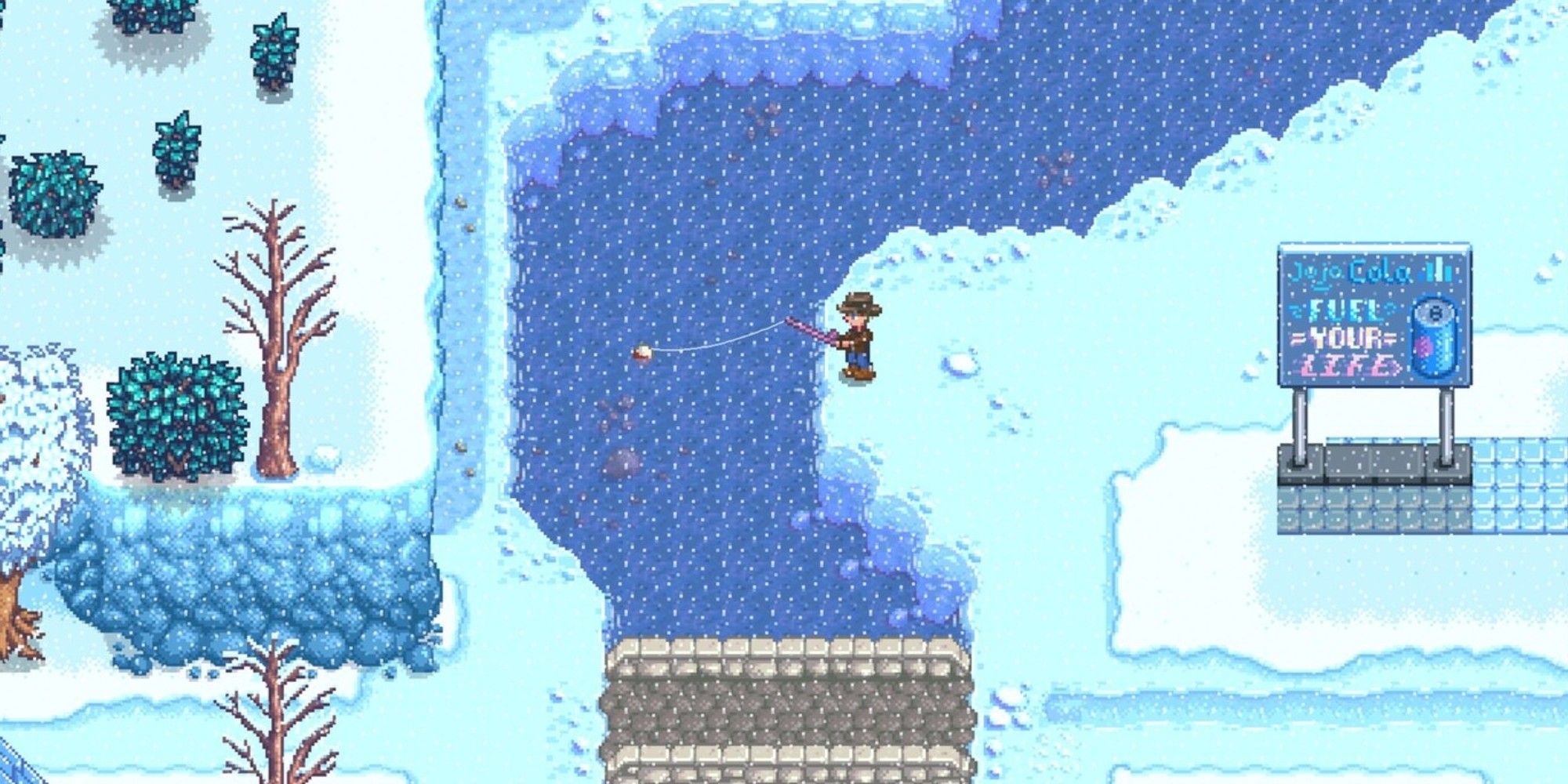 player fishing in town river during the winter