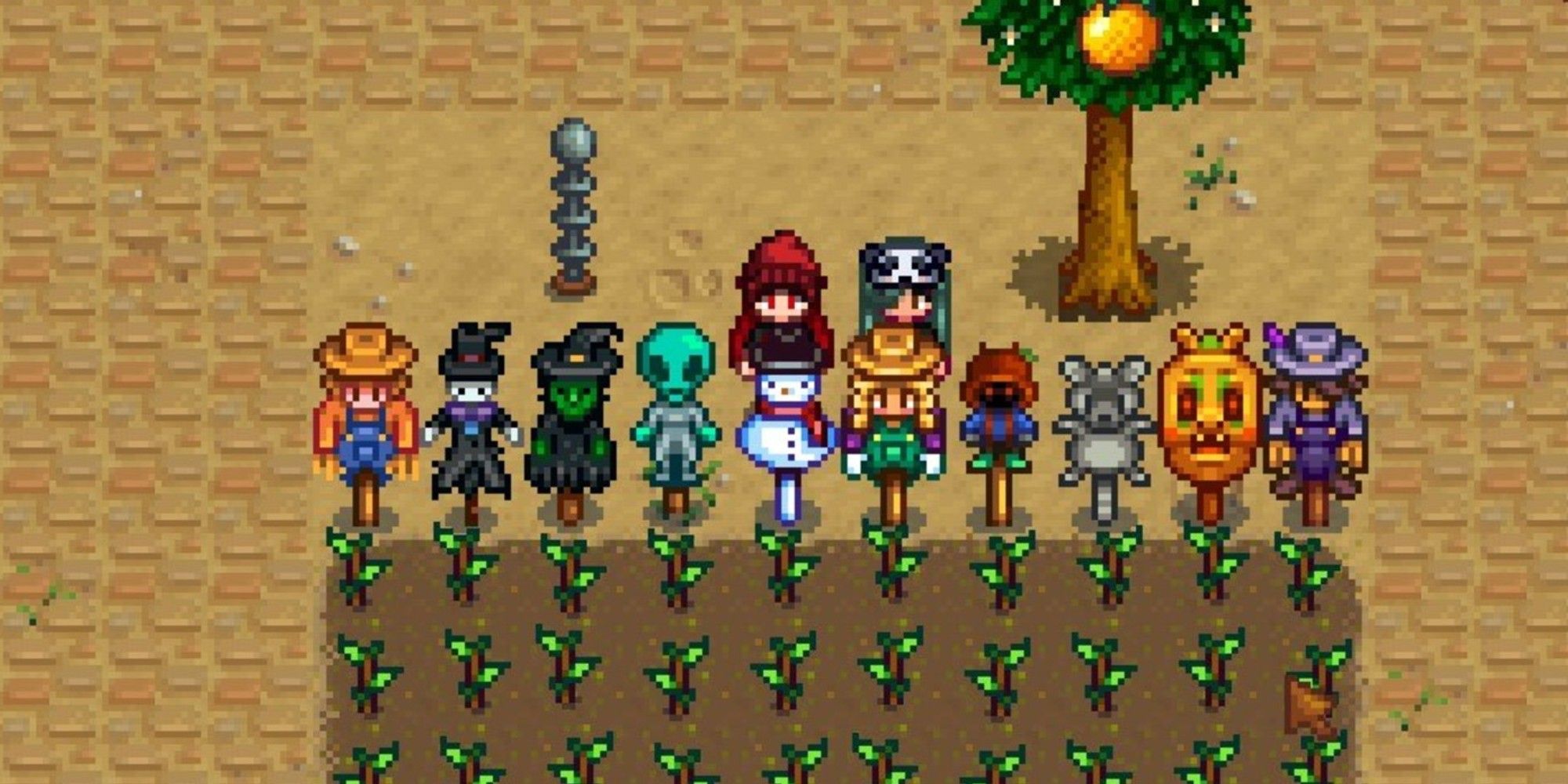 players standing next to all 10 possible scarecrows in the game