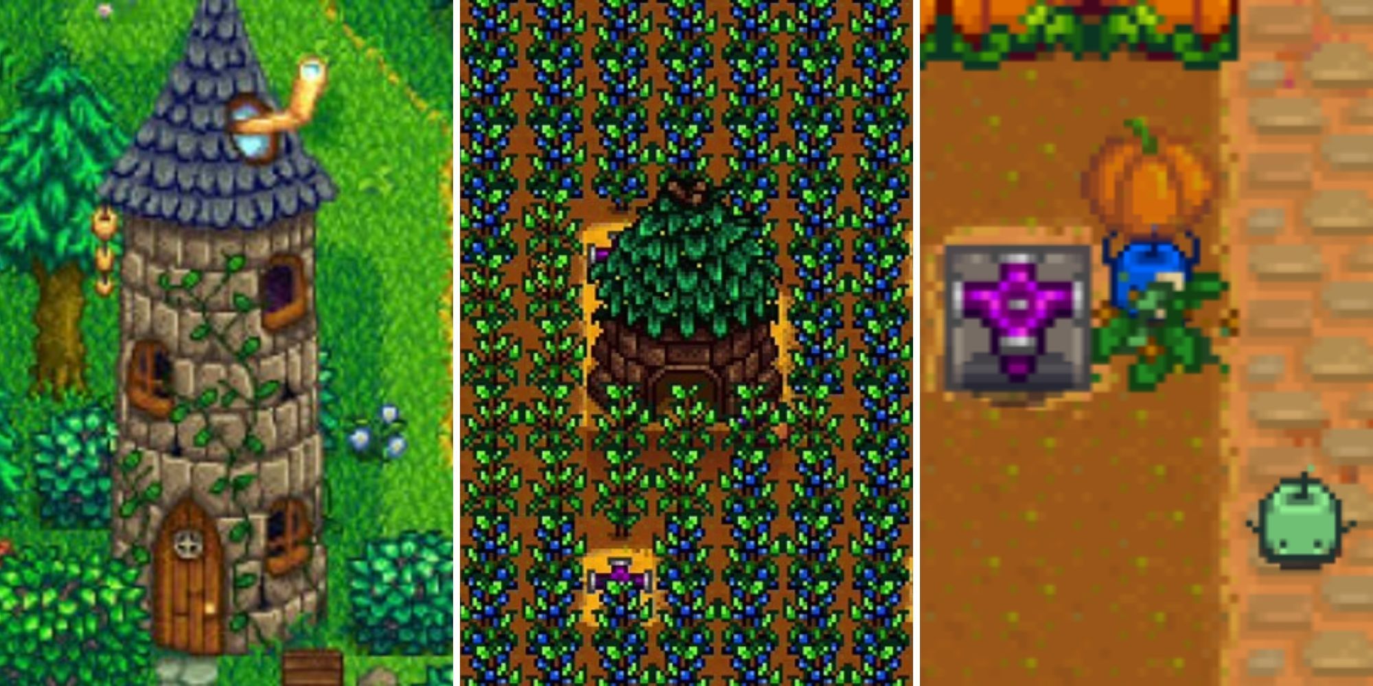 Stardew Valley split image (Wizards Tower on left, Junimo Hut in centre, Junimos collecting pumpkins on right)