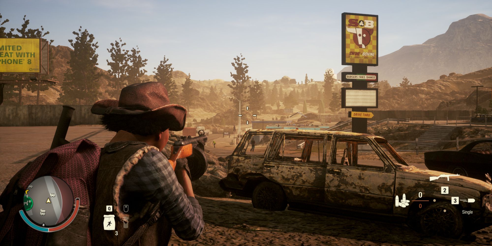 A Player Aiming Their Gun Over An Abandoned Car In State Of Decay 2