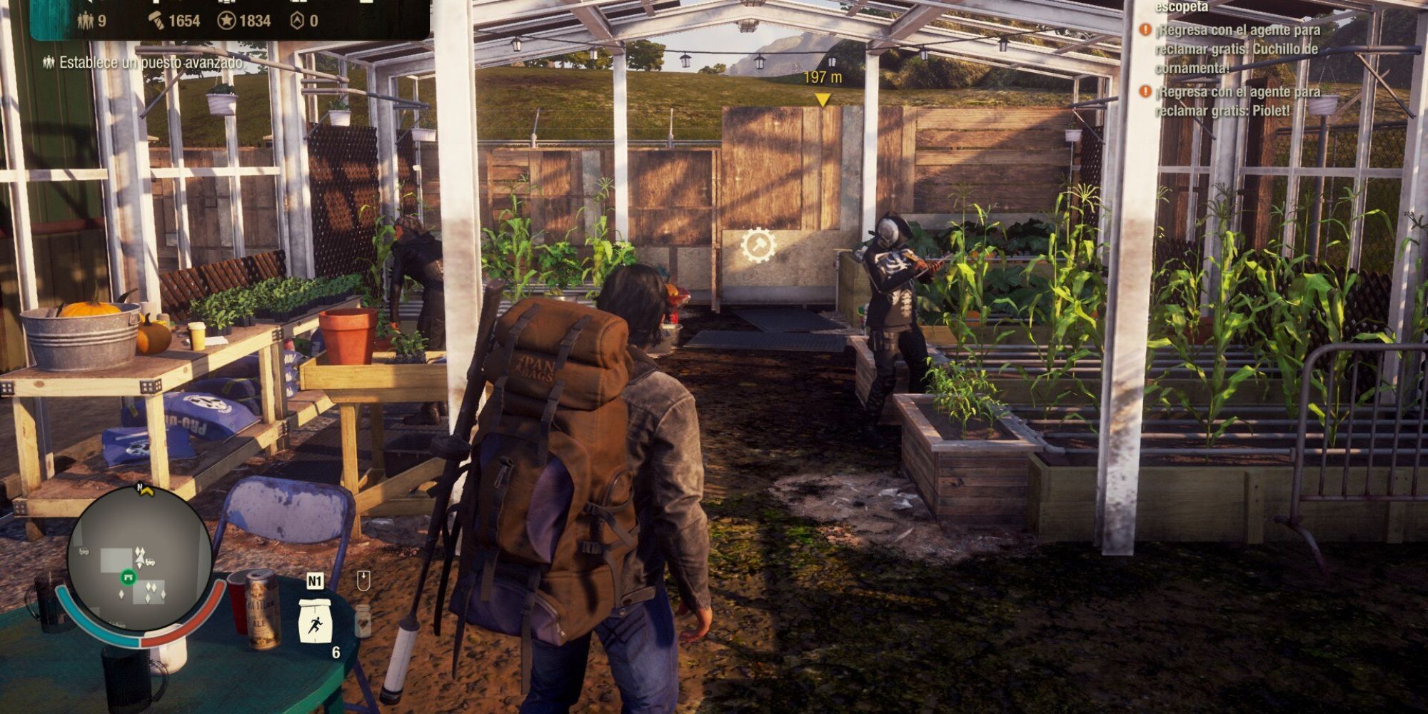 A backpack-wearing player in a greenhouse. 