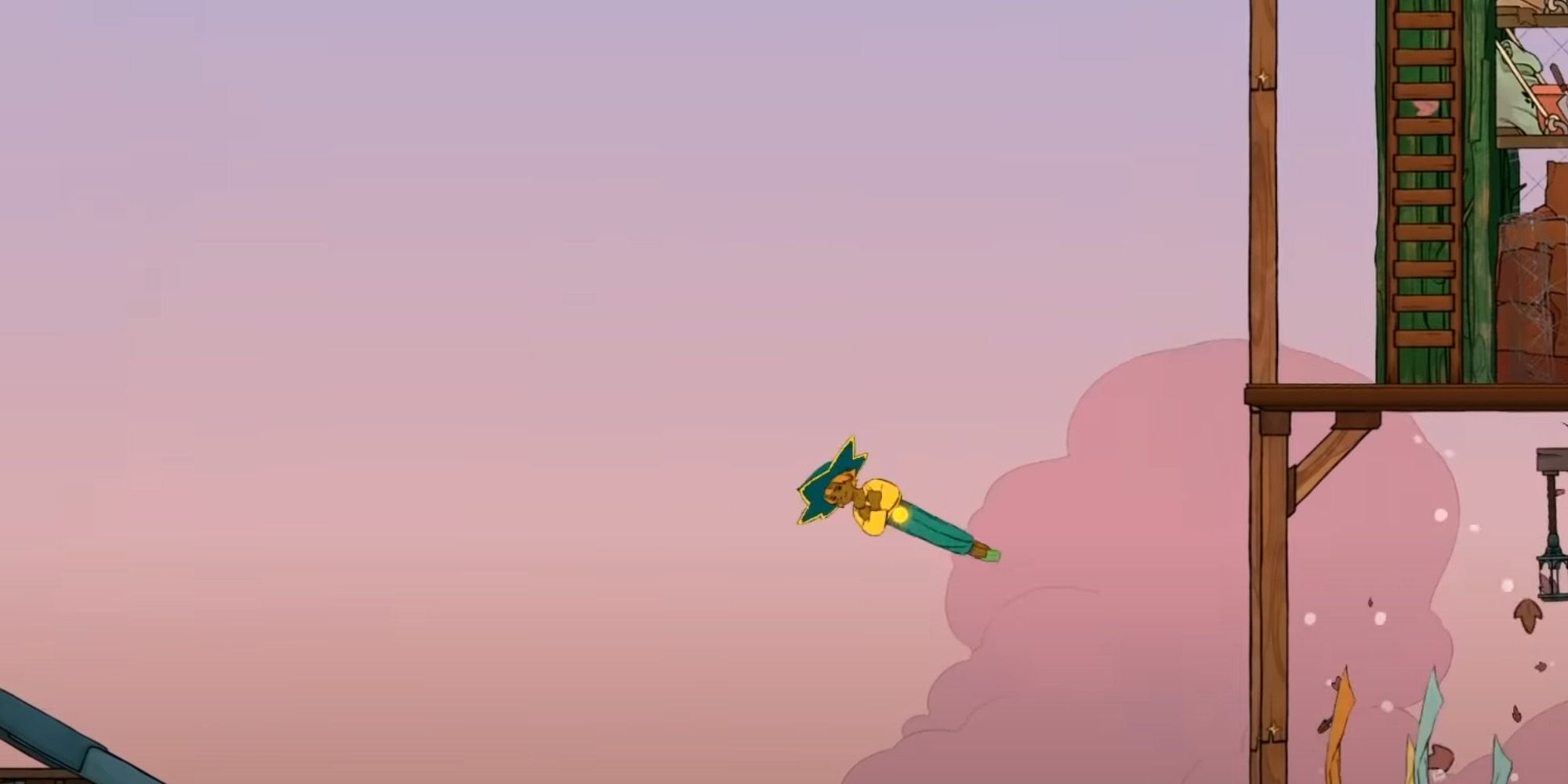Stella mid-jump in front of a pink sky in Spiritfarer