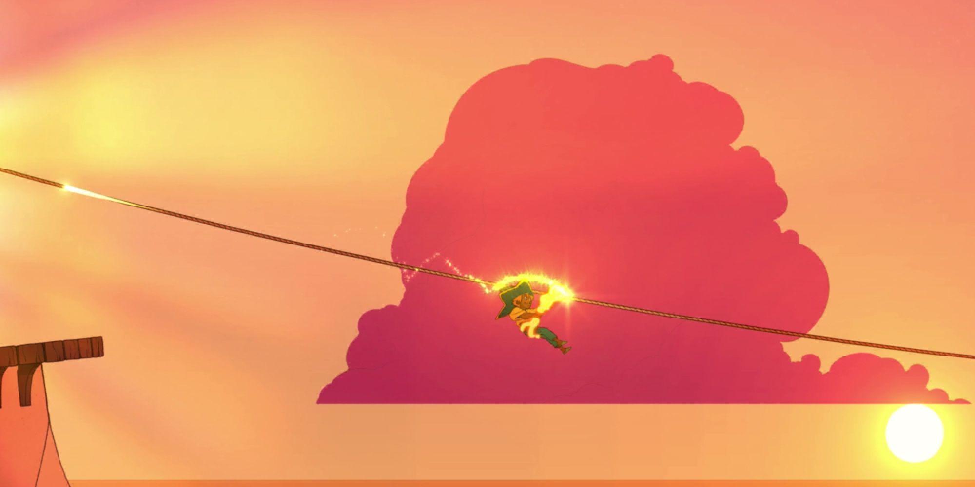 Stella rides a zipline across the screen against a red cloud