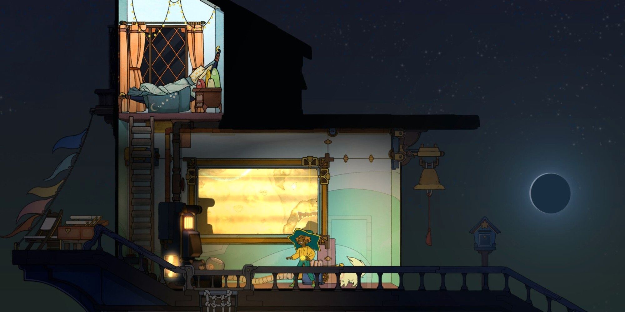 Stella and her pet standing in the cabin at night in Spiritfarer