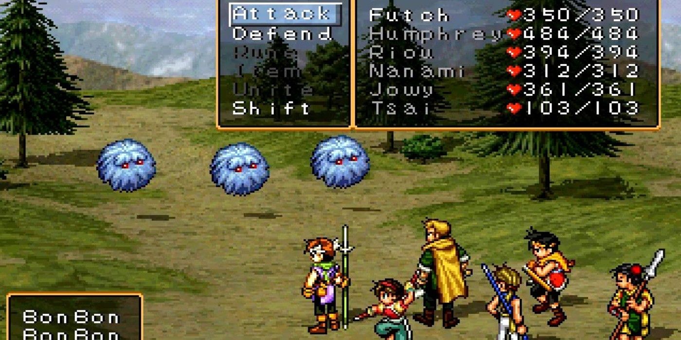 Suikoden II Bon Bon monsters large party engaged in battle outdoors