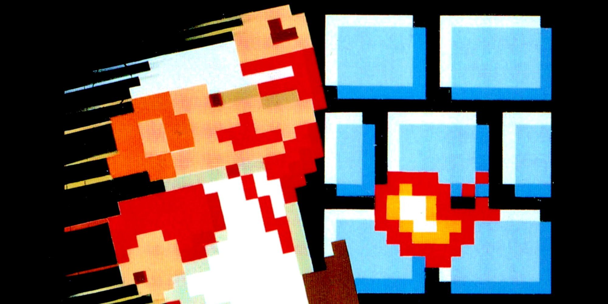 The cover art from Super Mario Bros, showing Fire Flower Mario jumping and shooting a fireball