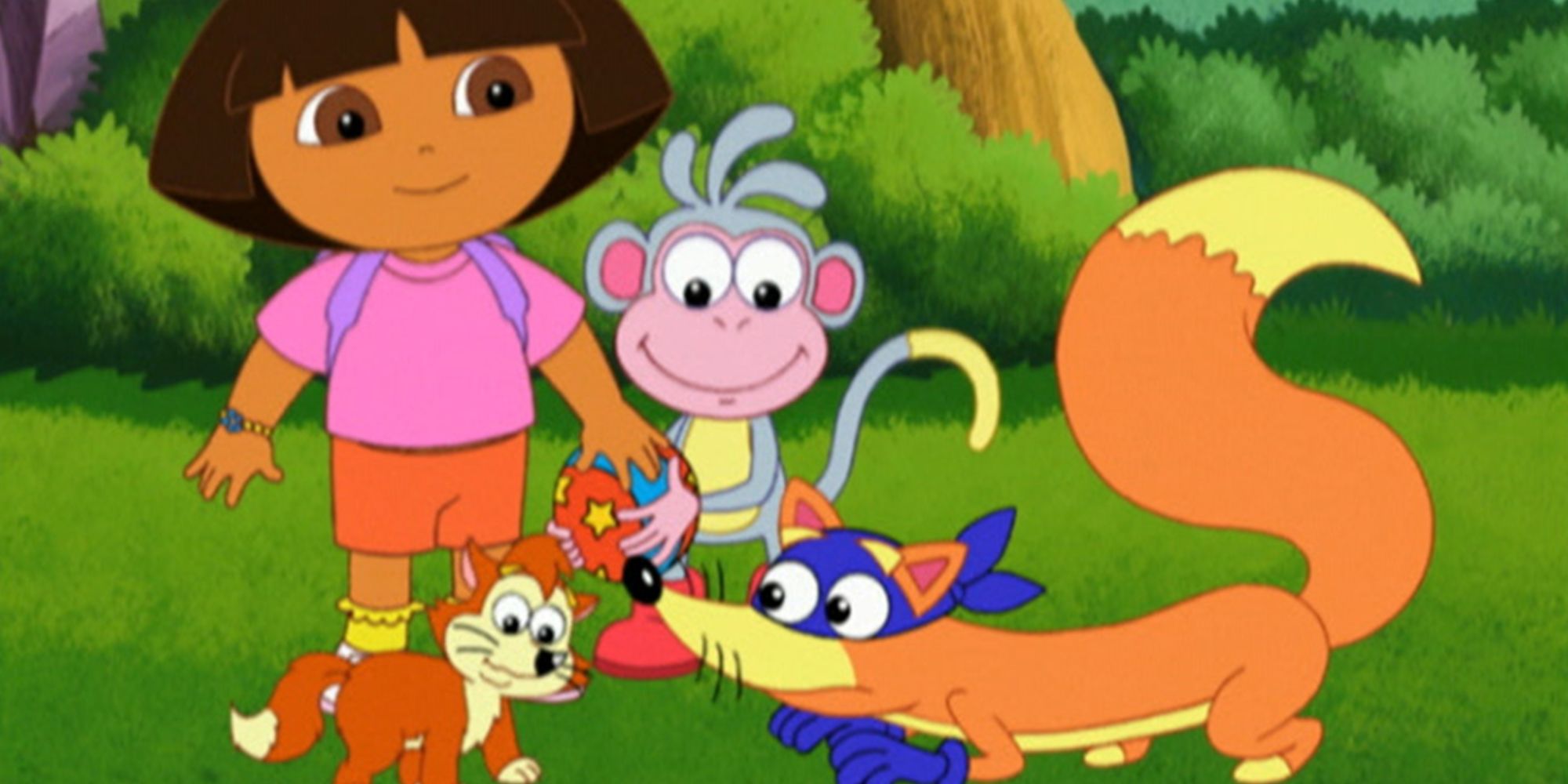 Swiper from Dora the Explorer interacting with a baby fox while Dora and Boots the Monkey look at him