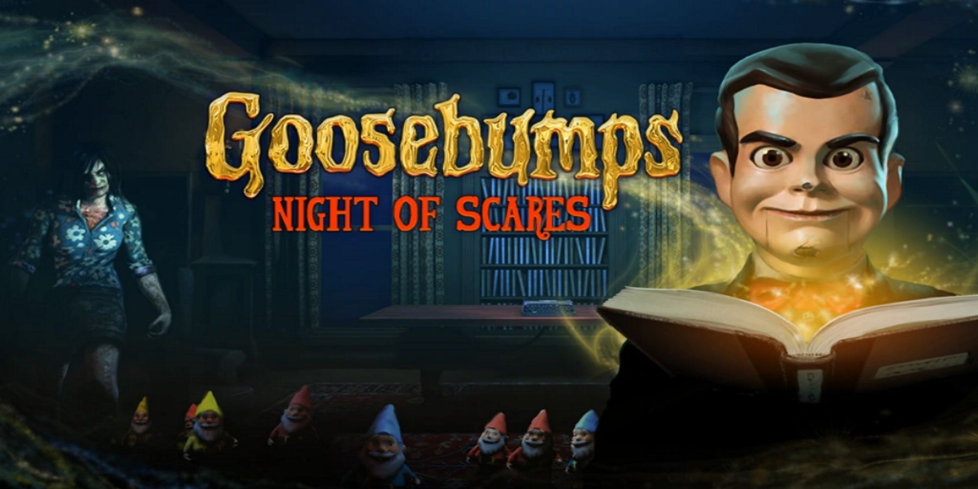 Goosebumps Night of Scares - Slappy Holding A Book While The Lawn Gnomes Stand Behind Him