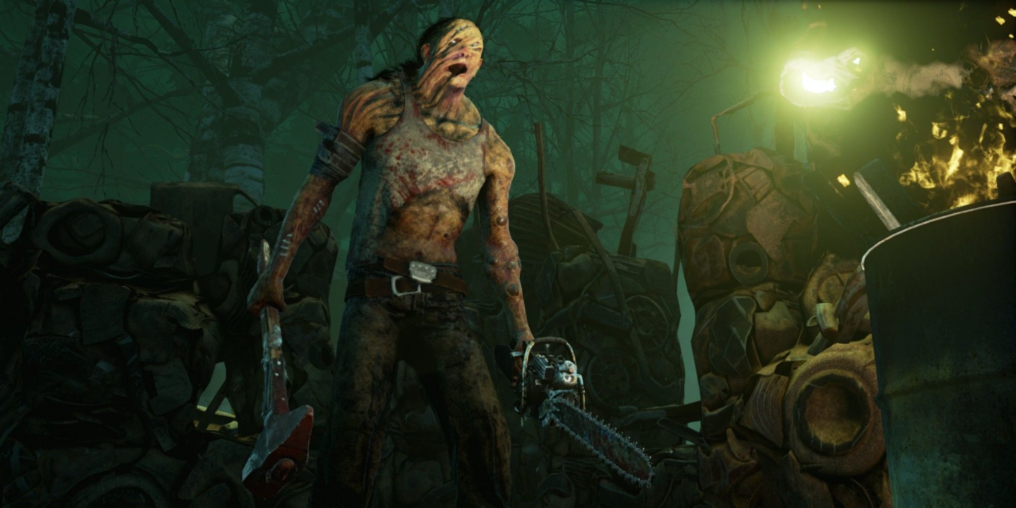 The Hillbilly in Dead by Daylight holding his chainsaw in Autohaven Wreckers