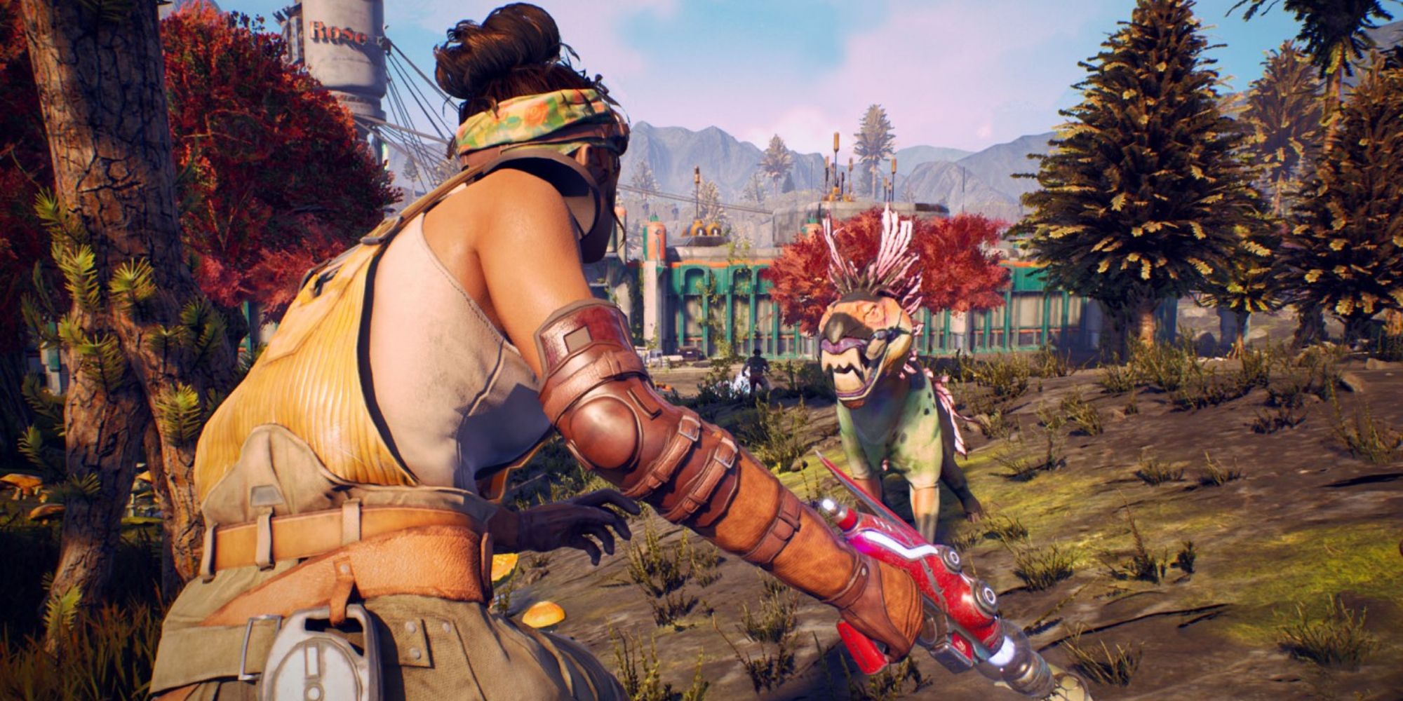 Screenshot from The Outer Worlds where Parvati fights alien creatures