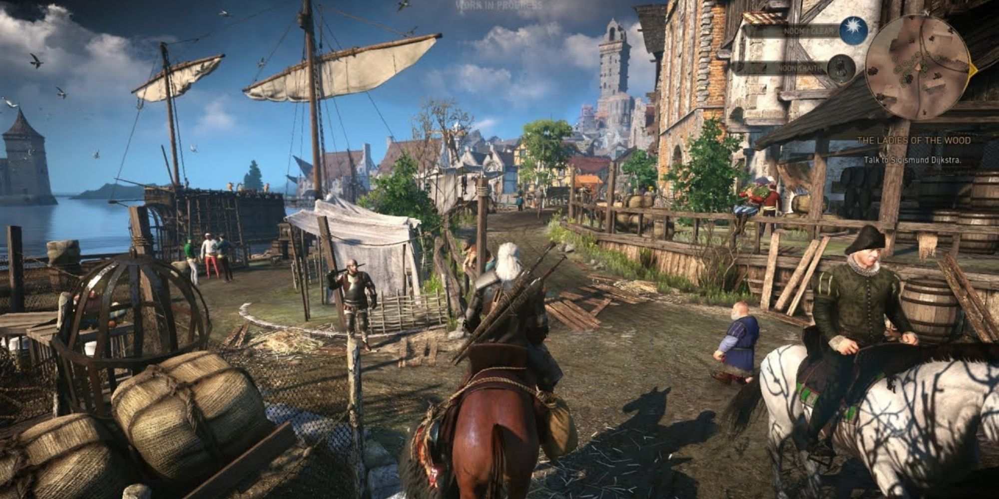 Geralt Riding A Horse Through City Docks in the witcher 3