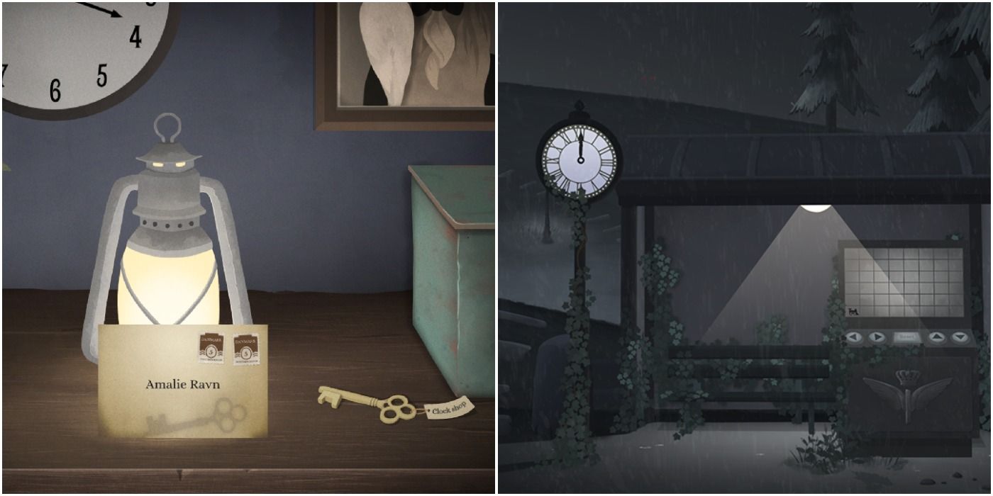 split image of lanter, letter, key, and clock in Tick Tock a Tale for Two