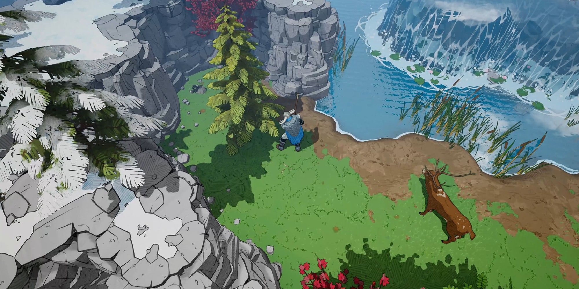 Tribes of Midgard grassy area by cliff and river with waterfall
