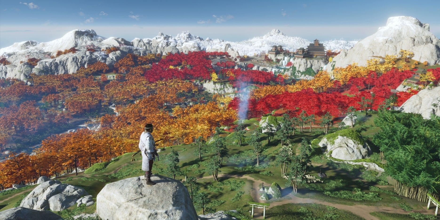 Looking out over a panorama of the incredibly colourful Tsushima Island in Ghost of Tsushima 