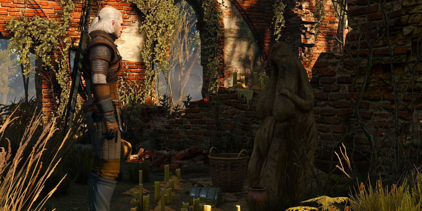 Geralt talks with the statue that the Allgod supposedly speaks through